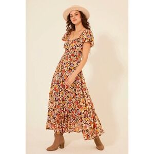Bila 77 Floral Roxanne Smocked Maxi Dress Brown Boho Tiered Cap Sleeve S
